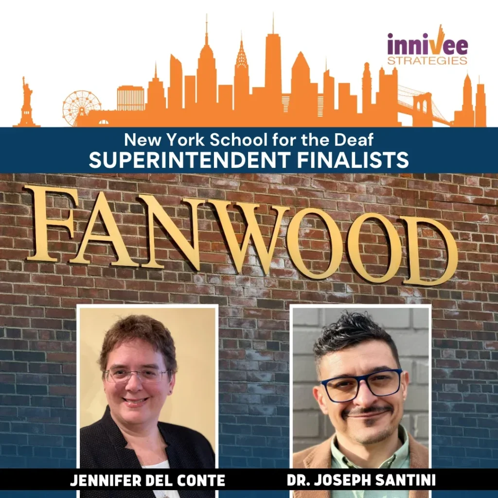 The image is an announcement graphic for the New York School for the Deaf, presenting the finalists for the Superintendent position. It features photos of Jennifer Del Conte and Dr. Joseph Santini set against a background that includes the New York City skyline and the brick signage for "FANWOOD." The Innivee Strategies logo is also included, indicating their involvement with the Superintendent search process.