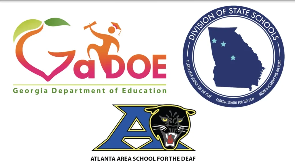 Three logos: Georgia Department of Education, Division of State Schools - Atlanta Area School for the Deaf, Georgia School for the Deaf, and Georgia Academy for the Blind