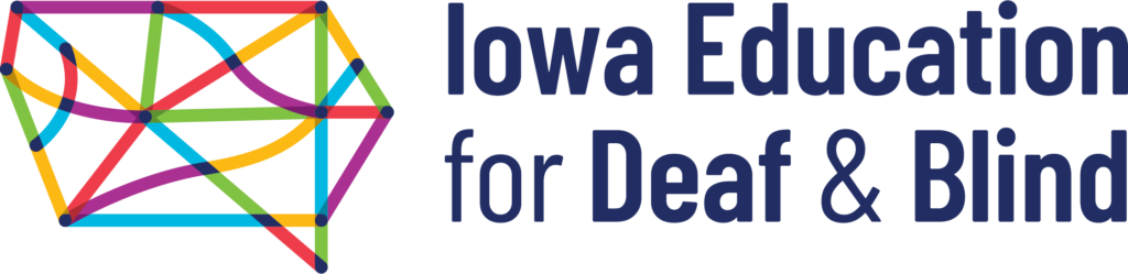 The image is a logo for "Iowa Education for Deaf & Blind" featuring a colorful, abstract geometric shape on the left and the organization's name in dark blue, sans-serif text on the right.