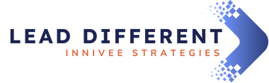 Logo for Innivee Strategies' "Lead Different" campaign, featuring bold purple text with an orange tagline and a rightward pointing purple arrow.