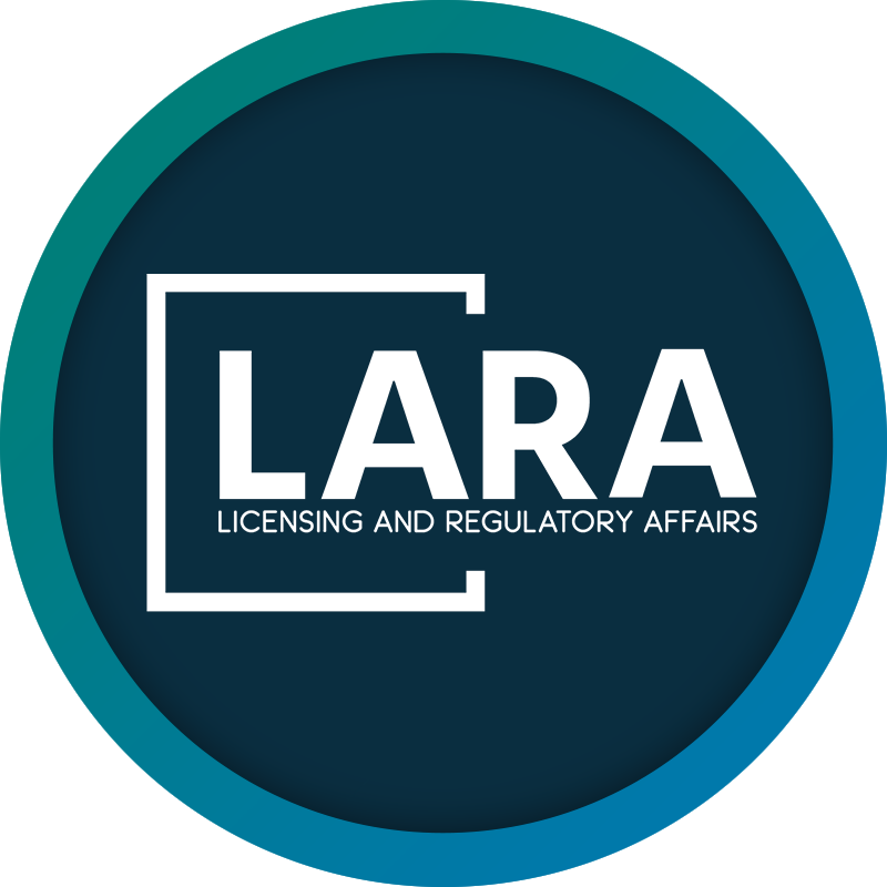 A circular logo for LARA (Licensing and Regulatory Affairs) with a dark blue background and a teal outer border. The text “LARA” is in bold white uppercase letters, enclosed within a partial square outline. Below, “Licensing and Regulatory Affairs” is written in smaller white uppercase letters.