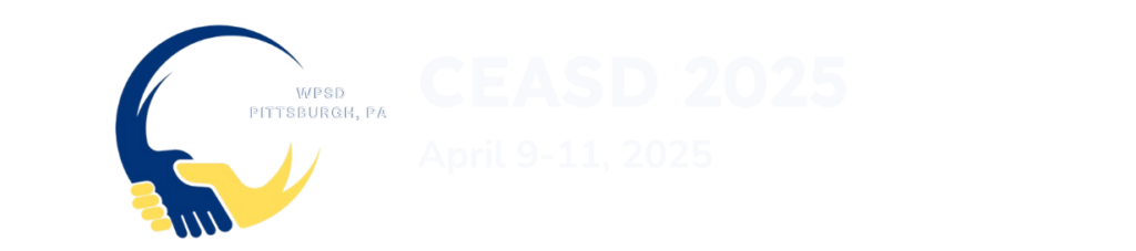 Logo and event text for CEASD 2025. A stylized blue and yellow circular handshake logo appears on the left with text “WFSD PITTSBURGH, PA” inside. To the right, bold white text reads “CEASD 2025” and below it “April 9–11, 2025”
