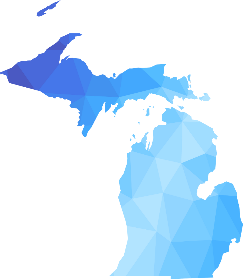 Michigan Interpreter Needs Assessment (MINA) 1 Stylized map of Michigan in blue polygon gradient, representing the state for the Michigan Interpreter Needs Assessment.
