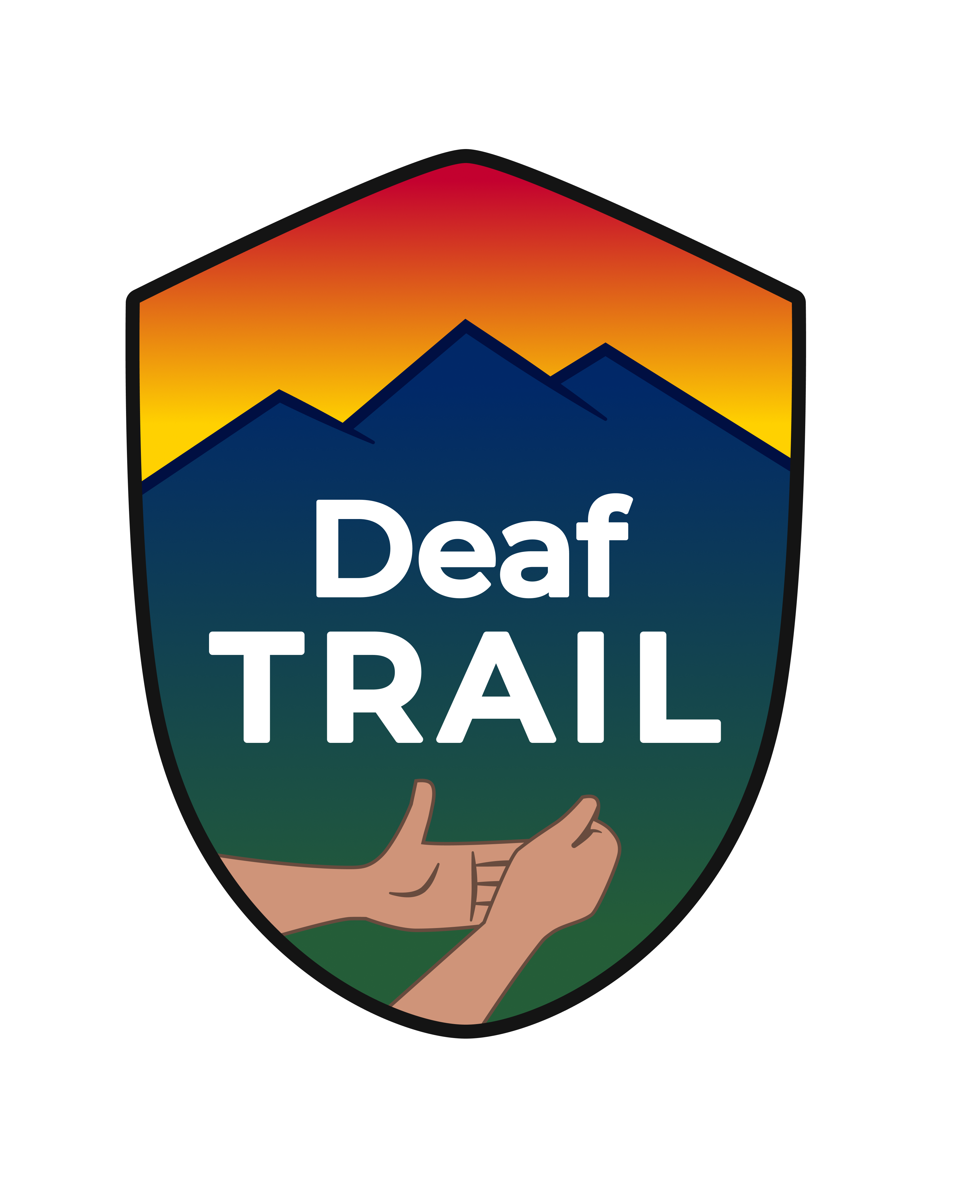 A shield-shaped logo with a mountain silhouette and sunset gradient background. The words “Deaf TRAIL” appear in bold white text, with two illustrated hands below signing “trail” in American Sign Language.