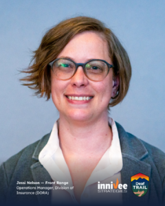 Smiling headshot of a person with short side-swept light brown hair and round glasses, wearing a gray blazer over a white shirt against a light blue-gray background. Bottom text lists name and role; inniVee Strategies and Deaf TRAIL logos at bottom right.