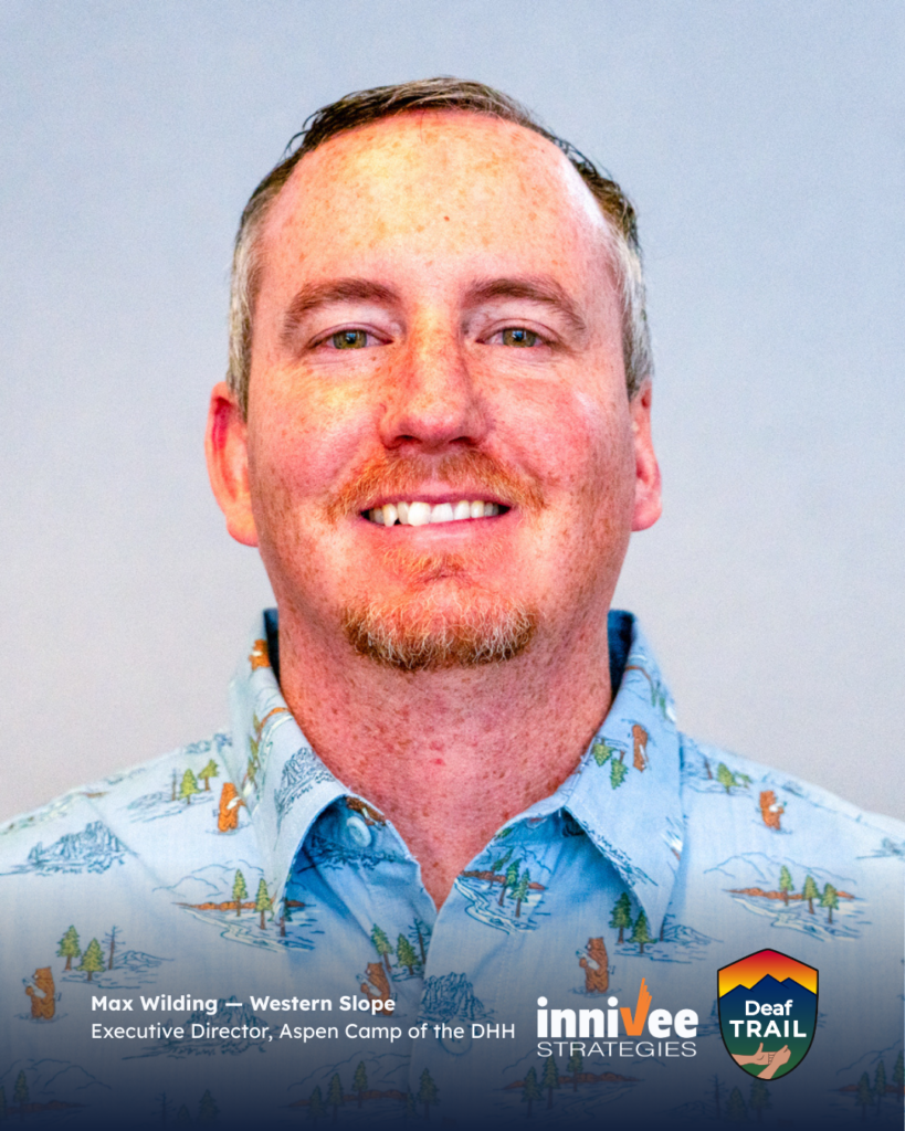 Deaf TRAIL Is Underway: Introducing Colorado’s First Cohort 8 Smiling headshot of a person with very short hair and light facial hair, wearing a light blue patterned button-up shirt against a light blue-gray background. Bottom text shows name, region, and role; inniVee Strategies and Deaf TRAIL logos at bottom right.